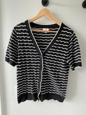 J.Crew 100% Cotton Short Sleeve Cardigan – Black White Stripe – Size Large